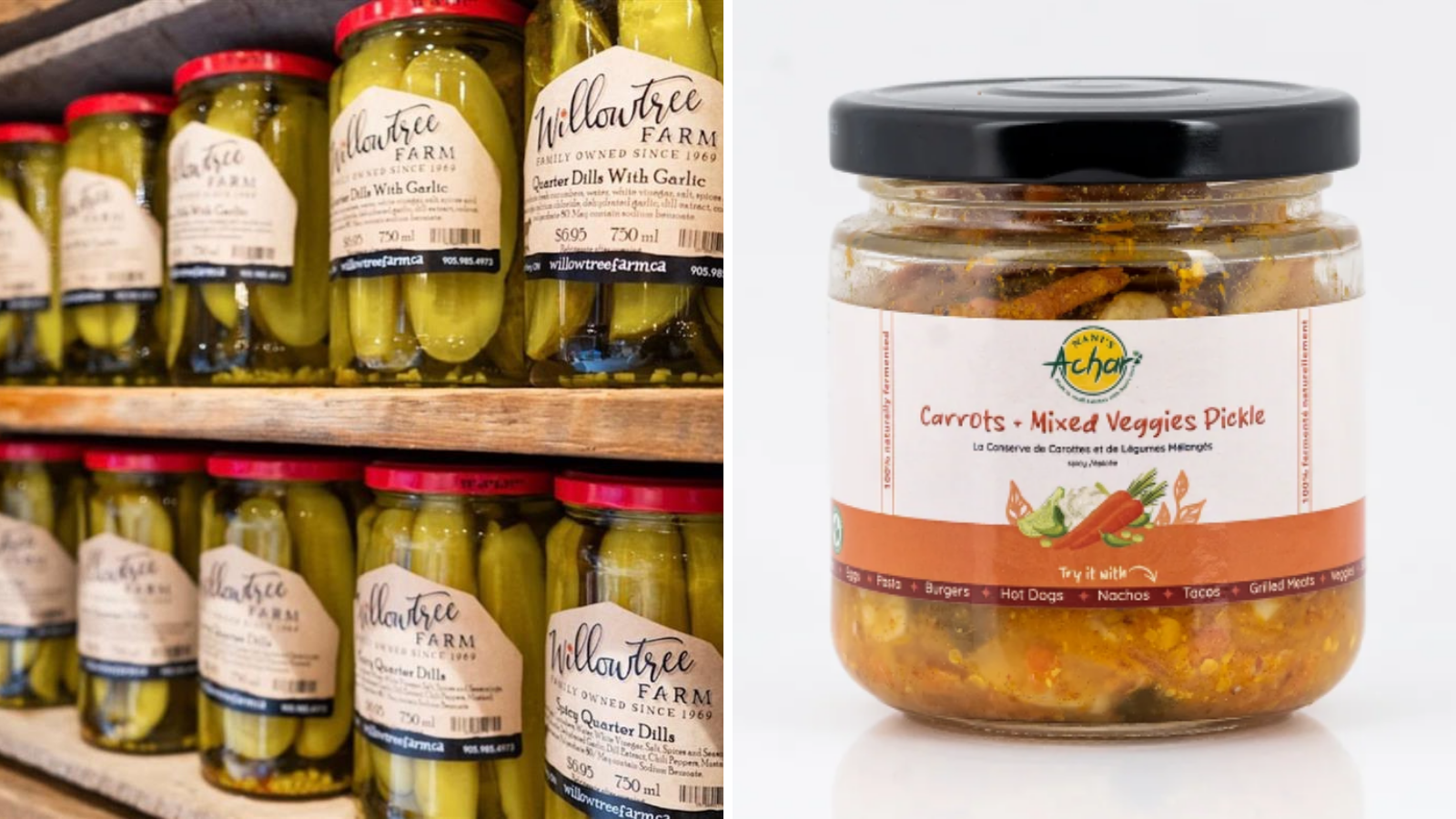 Images of a shelf full of jarred pickles and baskets of pickling cucumbers