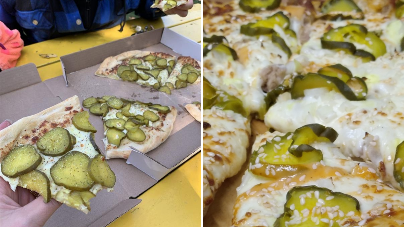 Two images side by side; one of slices of pizza with lots of pickles on top and the other of a whole pizza, sliced, with pickles on top