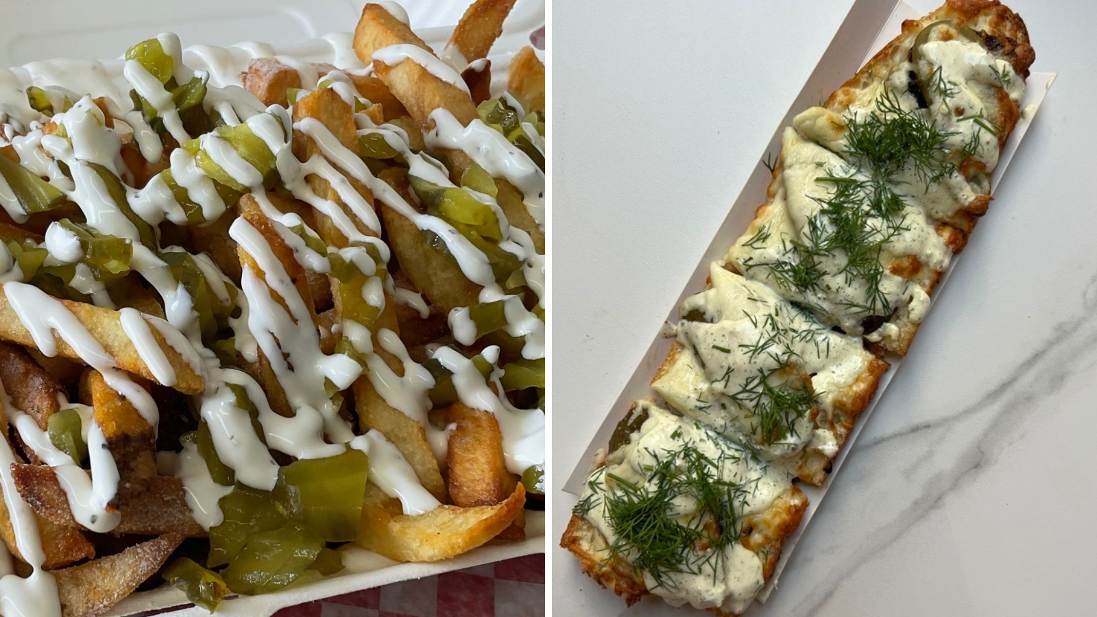 Collage of images including a close up of fries topped with chopped pickles and a dill sauce drizzle and a second photo of a dill pickle zapiekanka (Polish pizza)