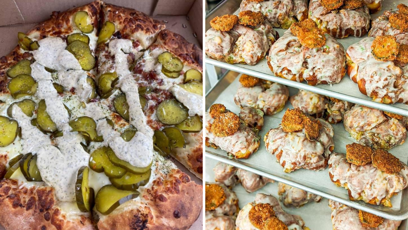 Collage of images including a whole pickle pizza and a tray of dill pickle fritters