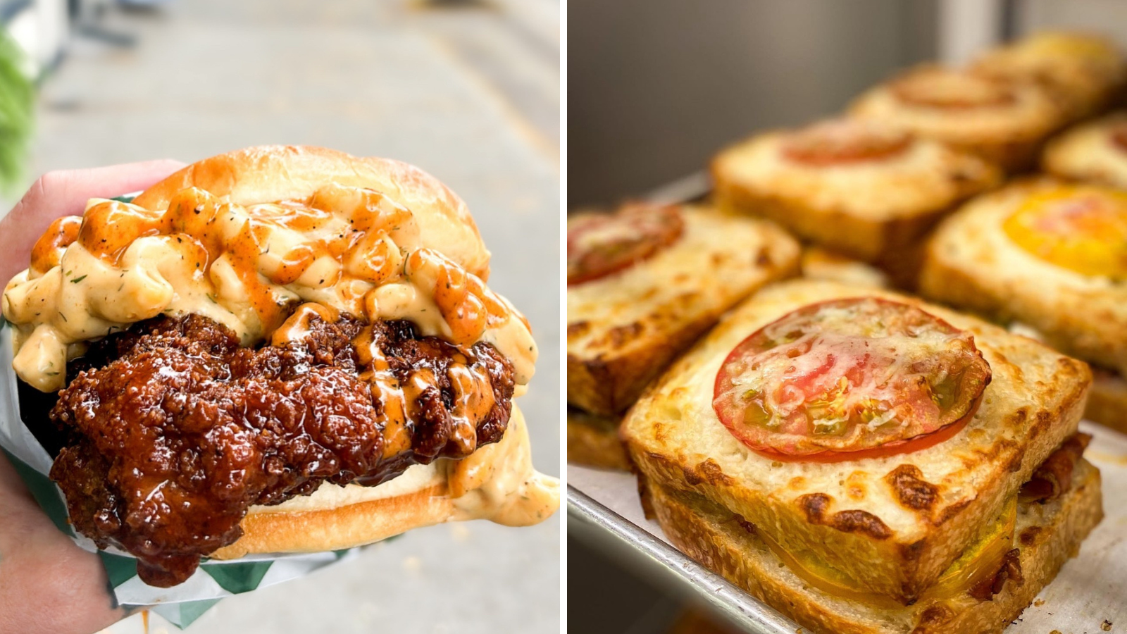 Collage of images of sandwiches including a fried chicken sandwich and a croque monsieur 