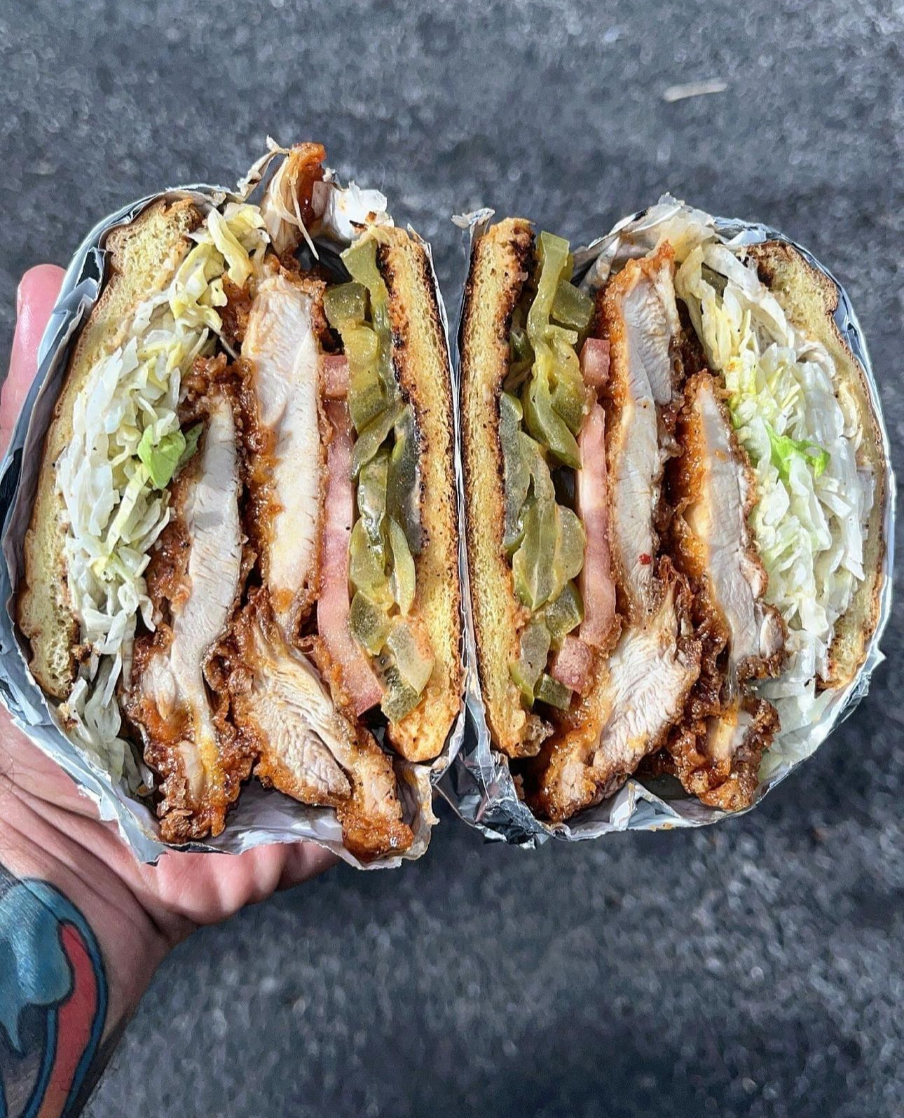 Image of cross section of two halves of a sandwich