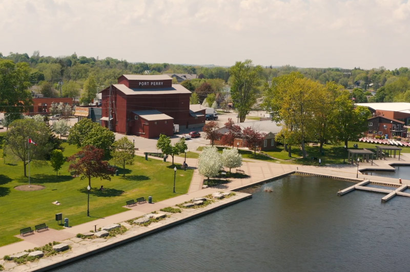 Aerial shot of downtown Port Perry marina.