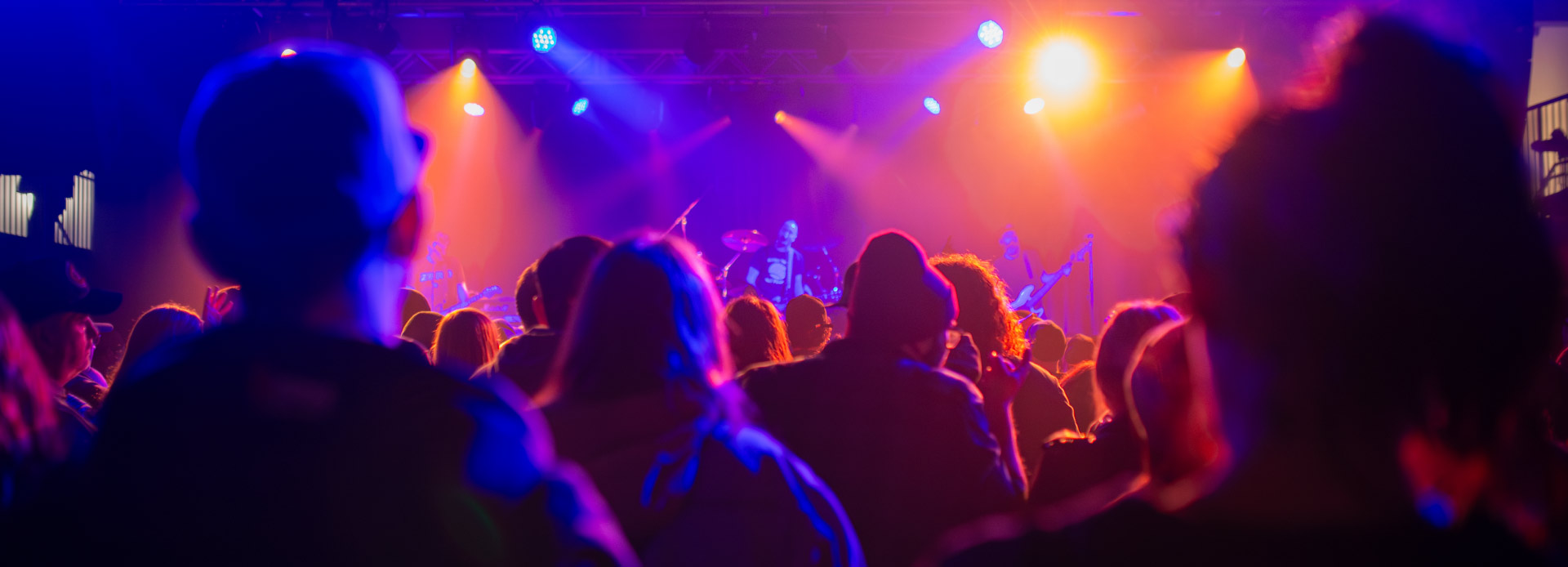 Crowd at a concert with purple, pink, and yellow lights.