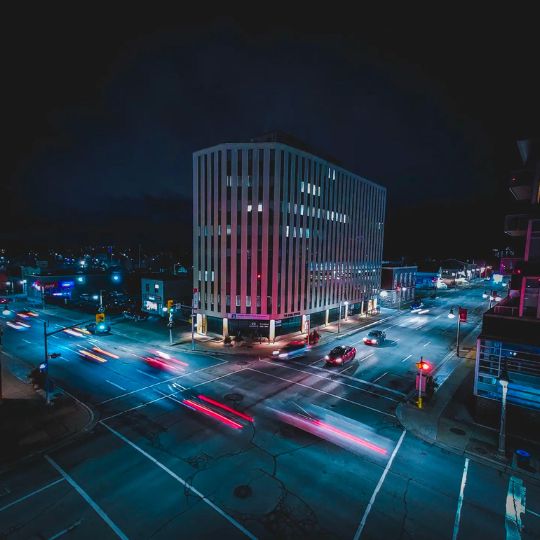 Aerial view over downtown Oshawa at night