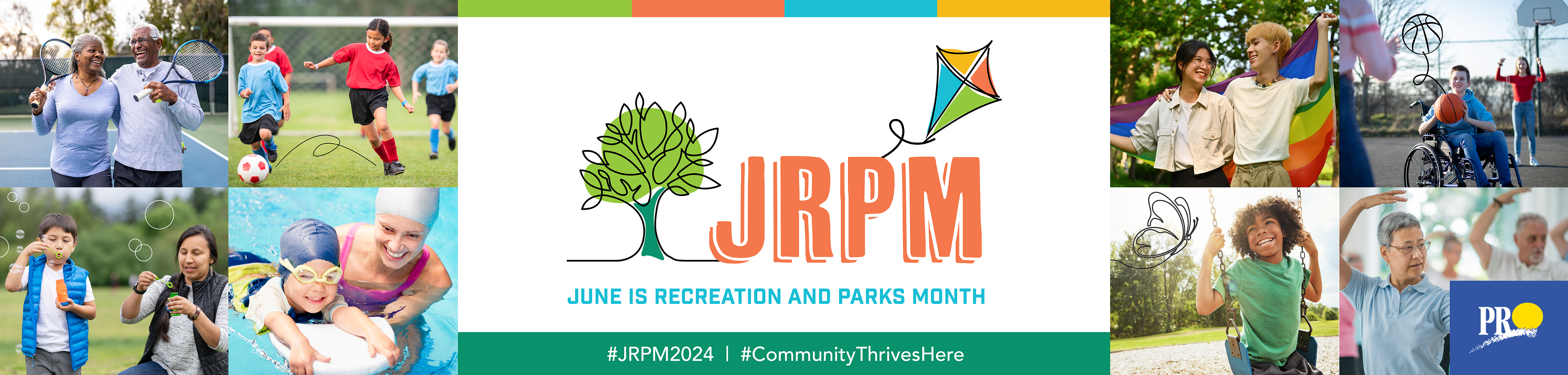 Collage of photos of people playing games and enjoying themselves in parks with the June is Recreation and Parks Month logo in the centre