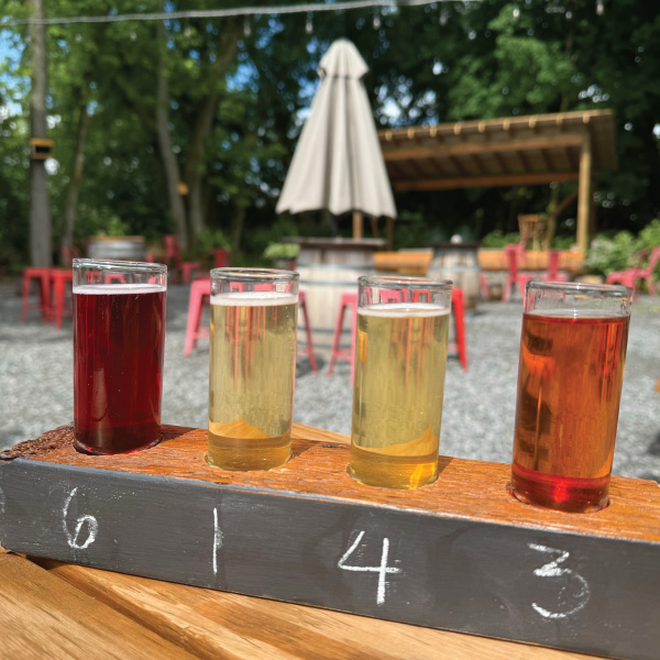 A flight of cider with a forest and patio tables with umbrellas in the background.
