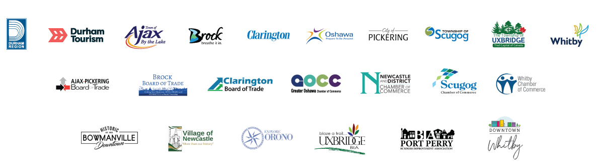 Partner logos from all eight Durham Region municipalities, chambers and boards or trade, and business improvement areas.