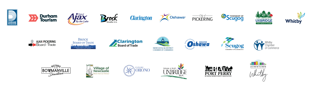 Shop in Durham partner logos in including Durham Tourism, eight local municipalities, chambers and boards of trade, and business improvement areas.
