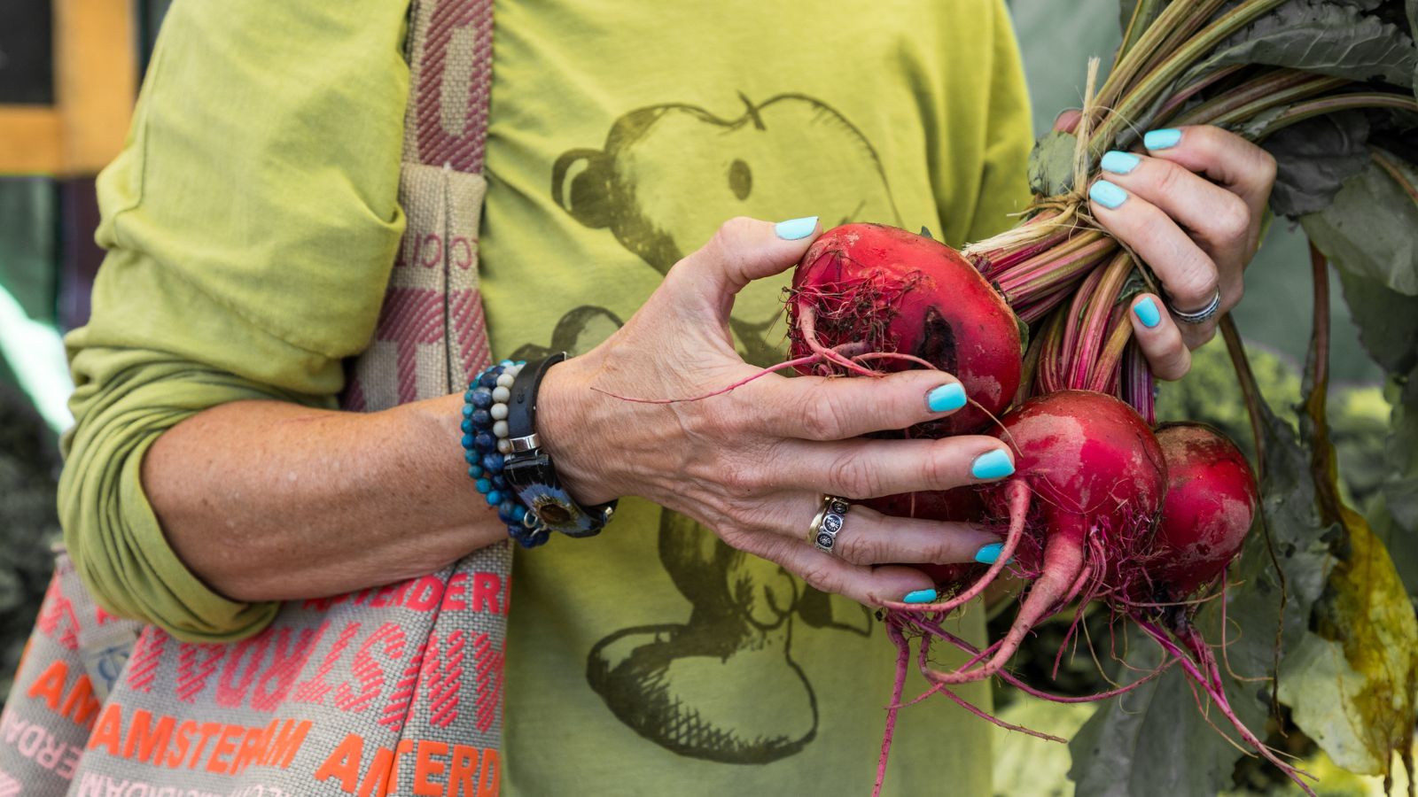 Image of a person holding a bunch of beets at a farmers' market