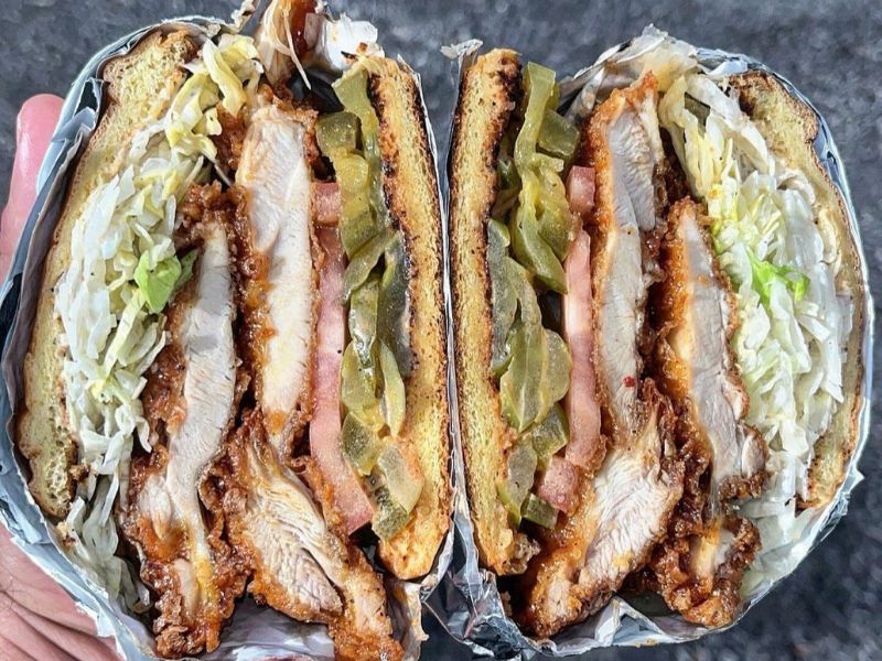 Image of a cross-section of a very full club sandwich