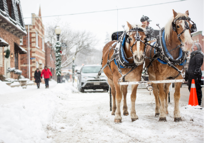 Horse drawn wagon going down a snowy downtown main street